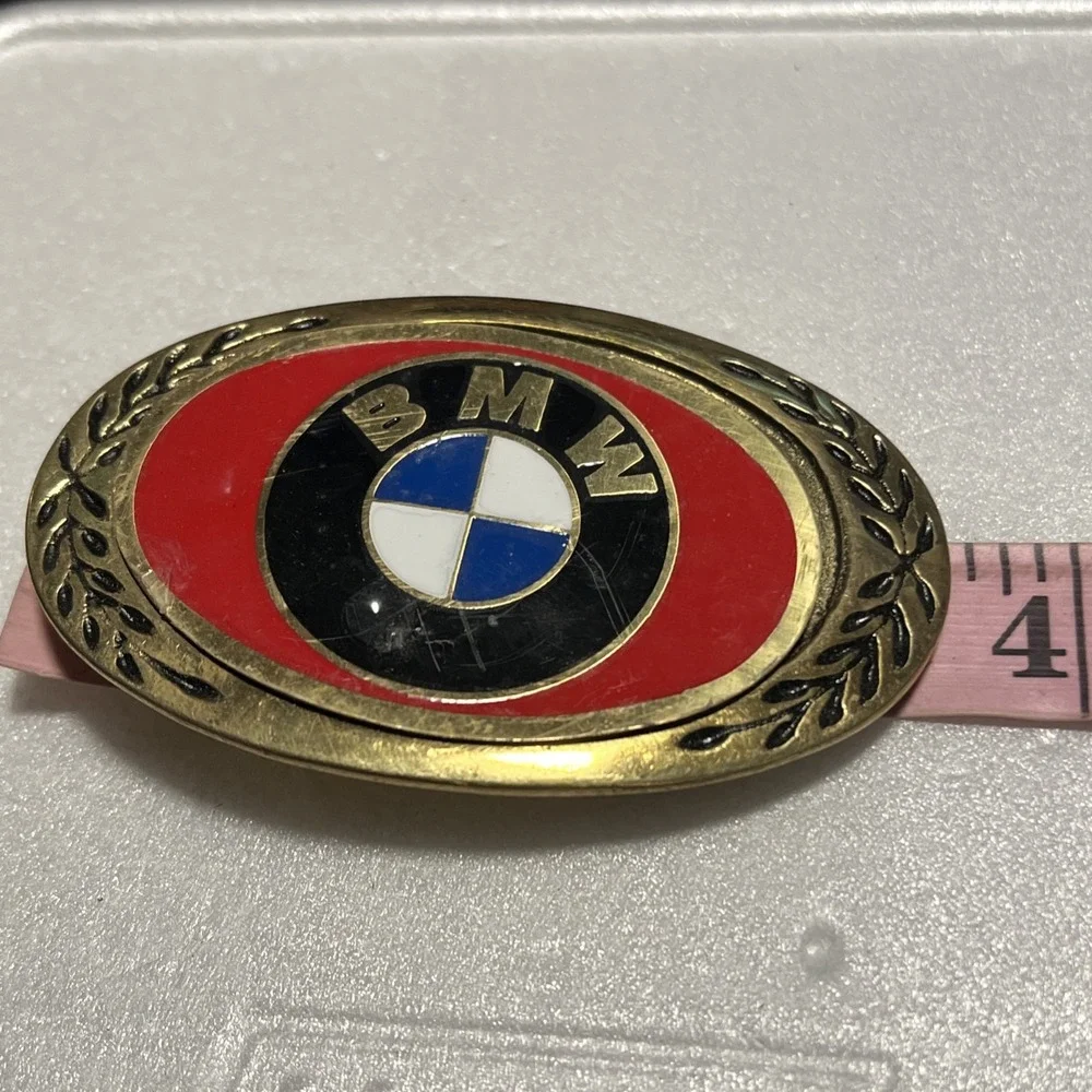 Lot of 4 Vintage BMW Belt Buckle Brass Tone Red Enamel Logo Oval Laurel Auto